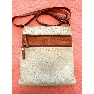 Zagara Women's Crossbody Shoulder Bag Tooled Leather Italy Ivory & Tan 8.5x9.5